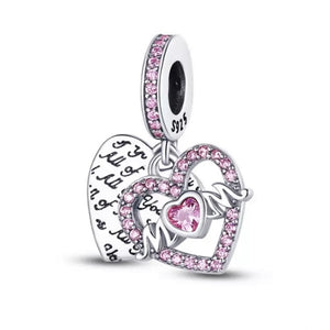 925 Sterling Silver - Heart & Mom Dangle Charm - Fits Pandora Charm Bracelets