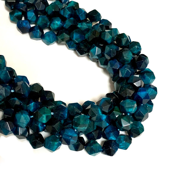 Peacock Blue Diamond Faceted Tiger Eye Natural Stone Beads - Size 6/8/10mm - One Full 15" Strand