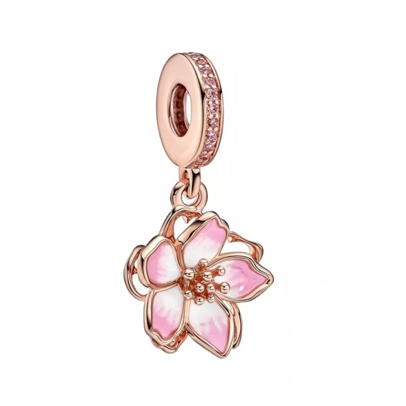 14k Rose Gold Plated - Cherry Blossom Dangle Charm - Fits Pandora Charm Bracelets
