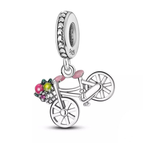 925 Sterling Silver - Bicycle with Flower Basket Dangle Charm - Fits Pandora Charm Bracelets