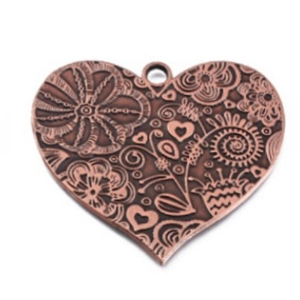 Copper Heart Pendant - RARE Tibetan Style Carved Flower Heart Pendant - Large