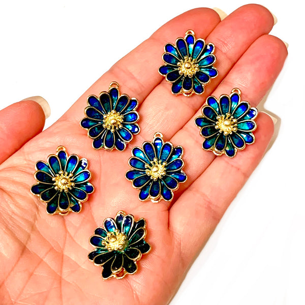 Cloisonne Flower Enamel Charms in a Beautiful Blue/Green with a Gold Finish - 3D Enamel Flower Charms/Pendants/Connectors