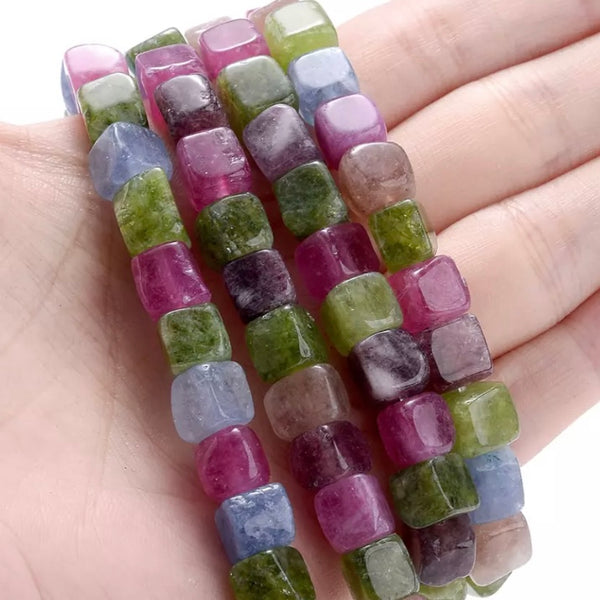 Natural Stone Tourmaline Beads - 8mm Cube Shape - Full 15" Strand Approx. 50 Pieces - 9 Colors Available