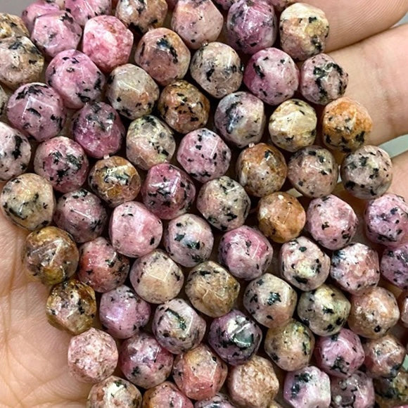 Pink Spot Stone - Star Cut Faceted Beads - Size 8mm - One Full 15" Strand - Approx. 47 pieces