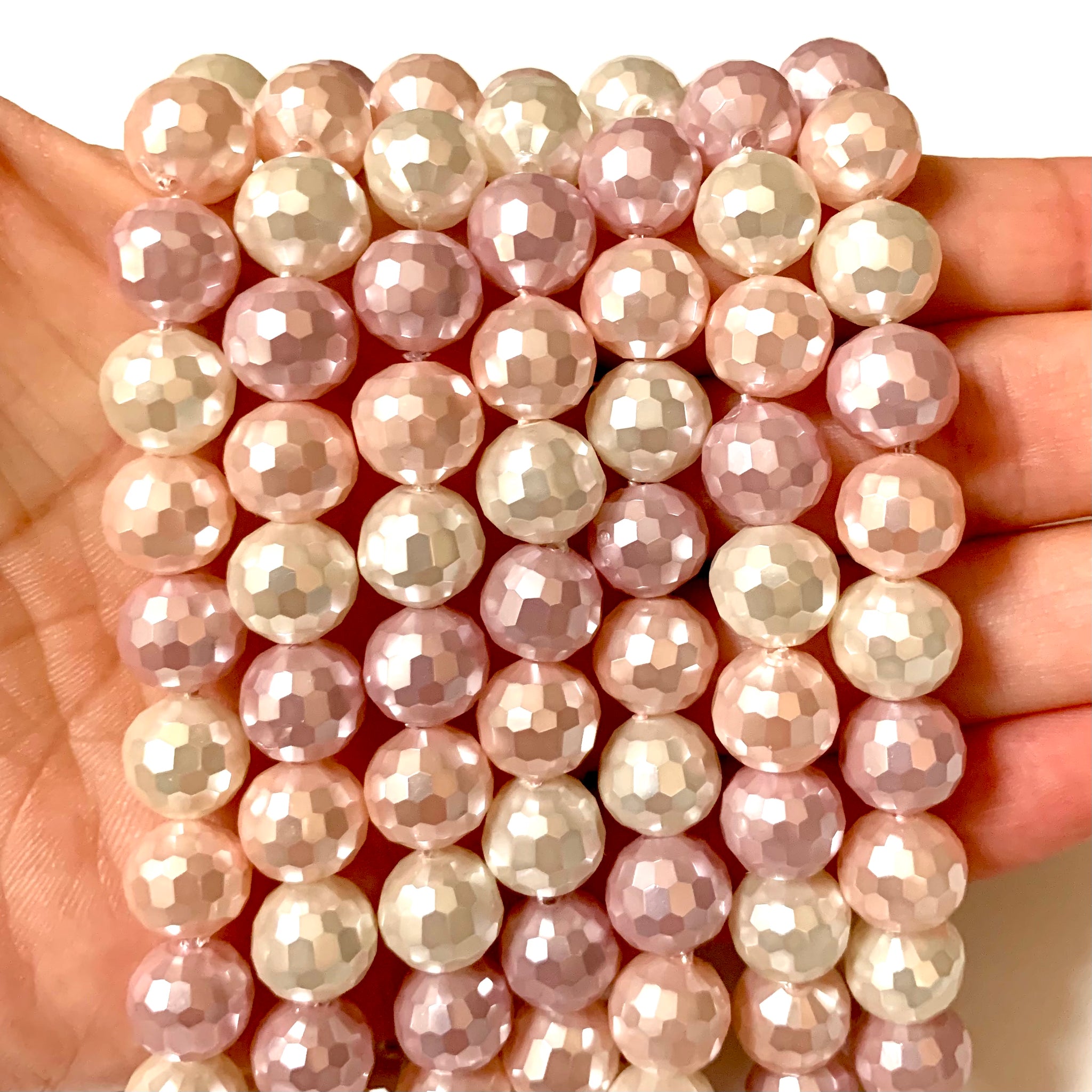 Faceted Natural Shell Round Beads - Mixed Pinks and White - 10mm Beads - Full 15" Strand Approx. 38 beads