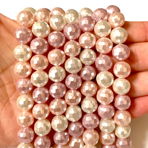 Faceted Natural Shell Round Beads - Mixed Pinks and White - 10mm Beads - Full 15" Strand Approx. 38 beads
