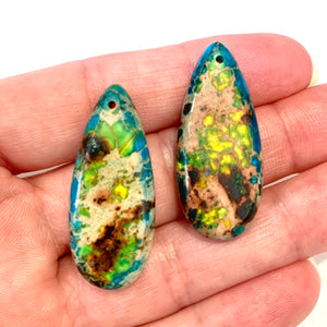 2 Sea Sediment Imperial Jasper Pendants - Blue/Green and Yellow - Earring Drops - Teardrop Earring Pair/2 Pieces