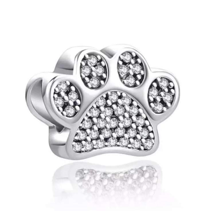 925 Sterling Silver Dazzling Paw Print Charm w/ CZ Crystals - Fit for Pandora Charm Bracelets - European Bracelet Beads