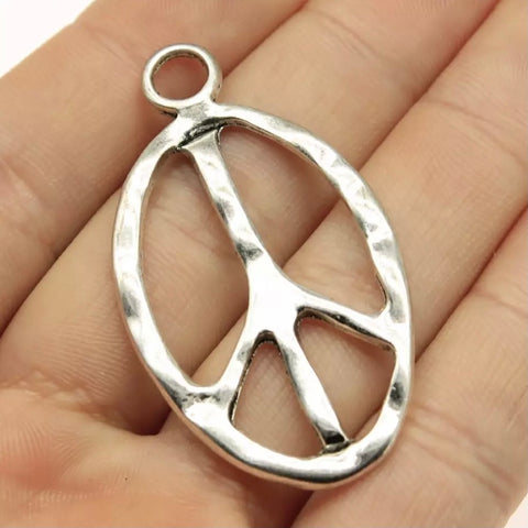 2 Large Peace Symbol Pendants - Antiqued Silver - Rustic Peace Sign - 51mm x 29mm