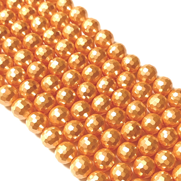 Yellow Gold Faceted Natural Shell Round Beads - 10mm Beads - Full 15" Strand Approx. 38 beads