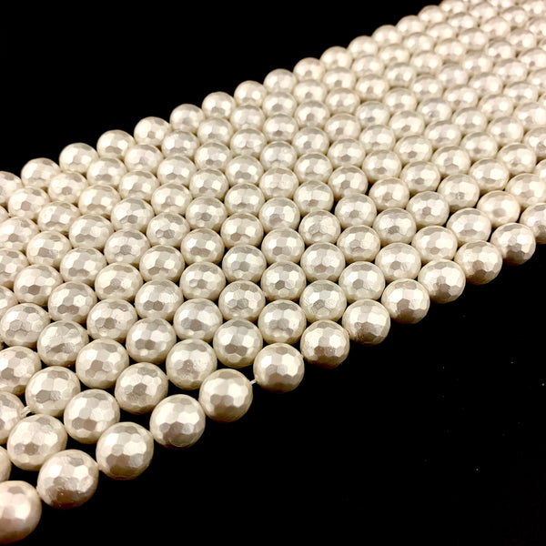 White Faceted Natural Shell Round Beads - 10mm Beads - Full 15" Strand Approx. 38 beads