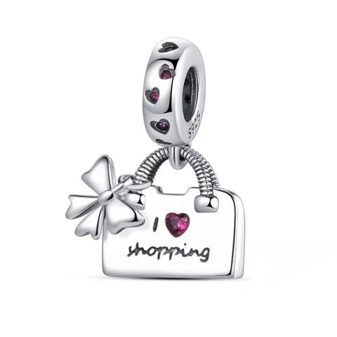 925 Sterling Silver - I Love Shopping Dangle Charm - Fits Pandora Charm Bracelets
