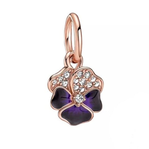14k Rose Gold Plated - Deep Purple Pansy Flower Dangle Charm - Fits Pandora Charm Bracelets