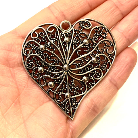 Filigree Heart Pendant - Large - Antique Silver