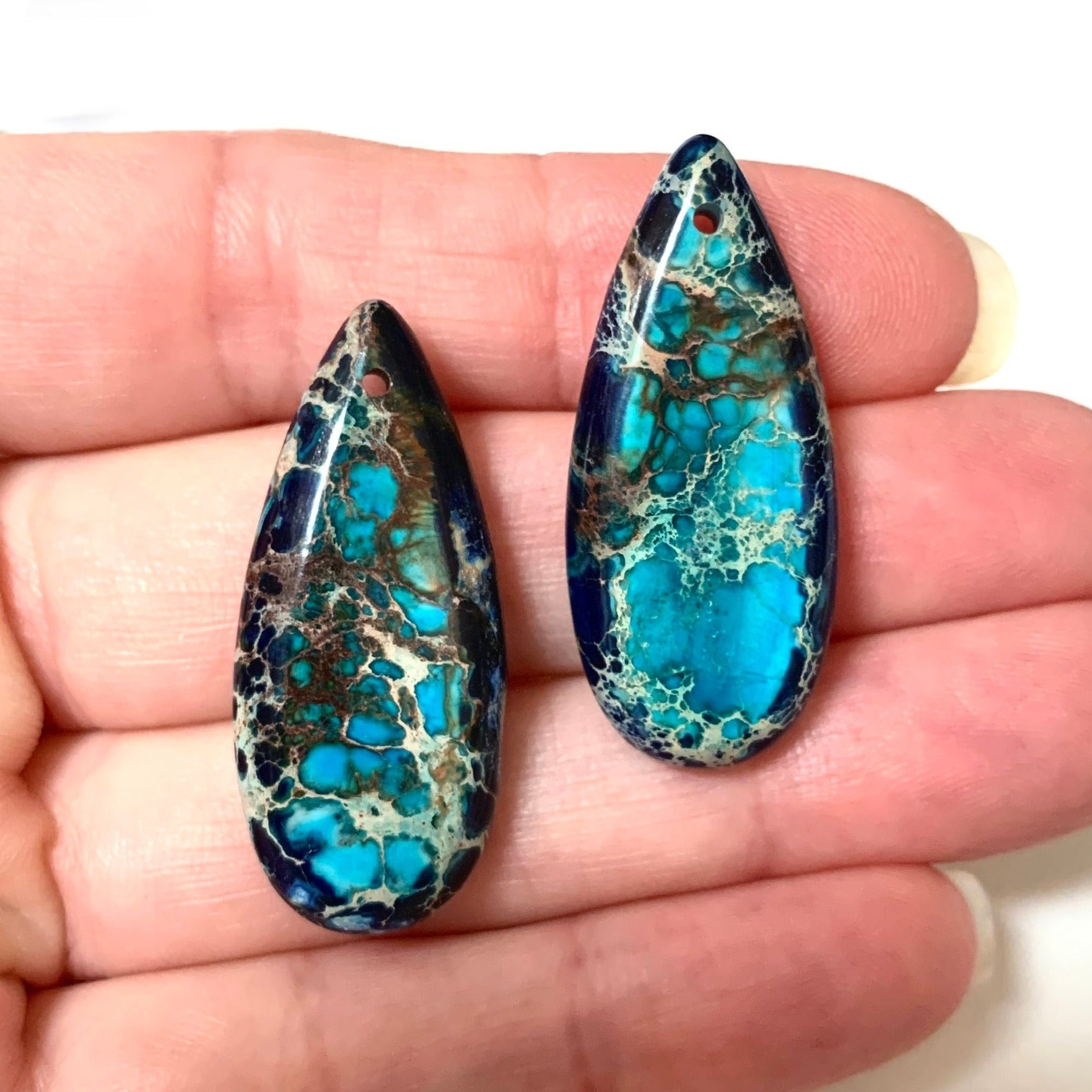 2 Sea Sediment Imperial Jasper Pendants - Dark and Aqua Blue - Earring Drops - Teardrop Earring Pair/2 Pieces