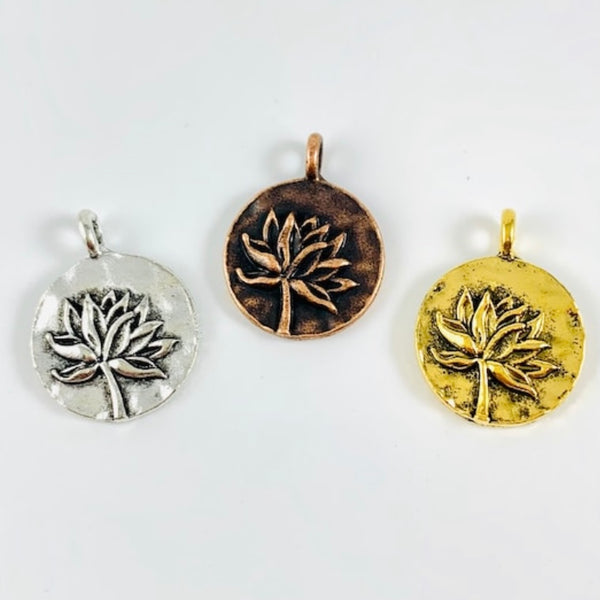 4 Silver Lotus Charms - Round