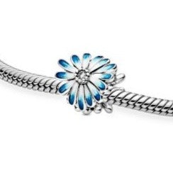 925 Sterling Silver - Blue Daisy Flower Charm - Fits Pandora Charm Bracelets