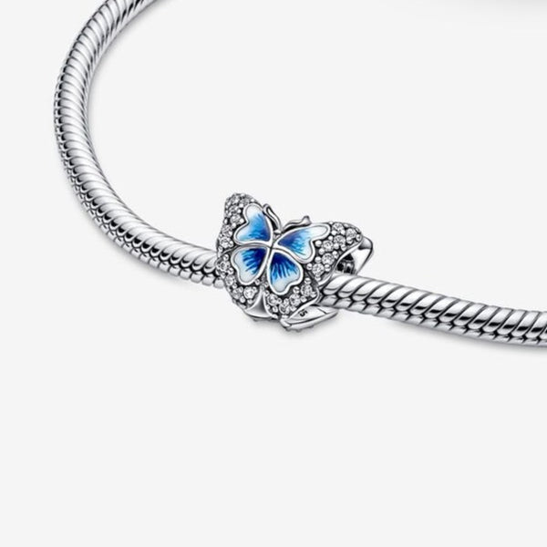925 Sterling Silver - Blue Butterfly Sparkling Charm - Fits Pandora Charm Bracelets
