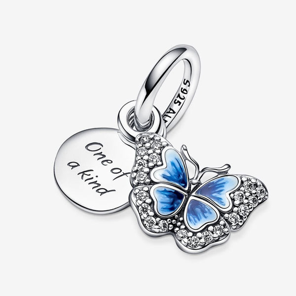 925 Sterling Silver - Blue Butterfly & Quote Double Dangle Charm - Fits Pandora Charm Bracelets
