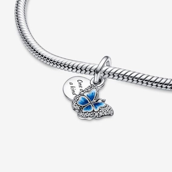 925 Sterling Silver - Blue Butterfly & Quote Double Dangle Charm - Fits Pandora Charm Bracelets