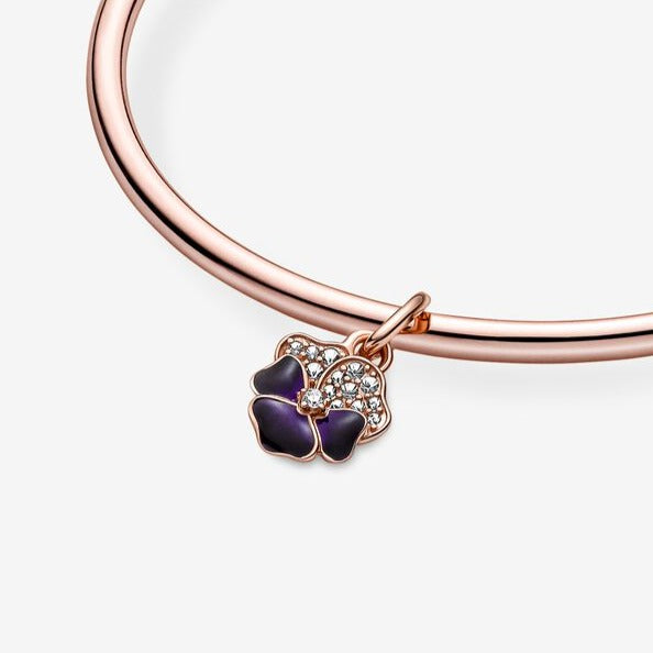 14k Rose Gold Plated - Deep Purple Pansy Flower Dangle Charm - Fits Pandora Charm Bracelets