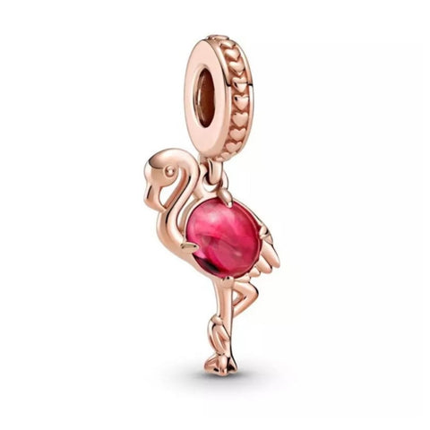 14k Rose Gold Plated - Pink Murano Glass Flamingo Dangle Charm - Fits Pandora Charm Bracelets