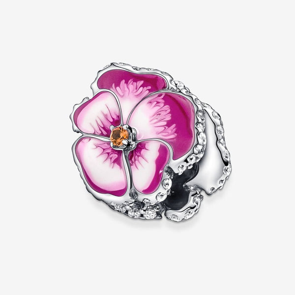 925 Sterling Silver - Pink Pansy Flower Charm - Fits Pandora Charm Bracelets