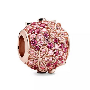 Pink Pavé Daisy Flower Charm - 14k rose gold - Fits Pandora Charm Bracelets