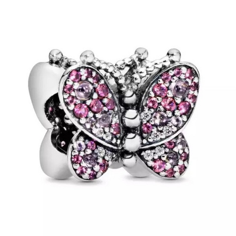 925 Sterling Silver - Dazzling Pink Pavé Butterfly Charm - Fits Pandora Charm Bracelets
