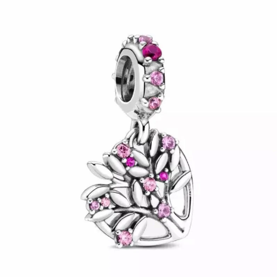 925 Sterling Silver - Pink Heart Family Tree Dangle Charm - Fits Pandora Charm Bracelets