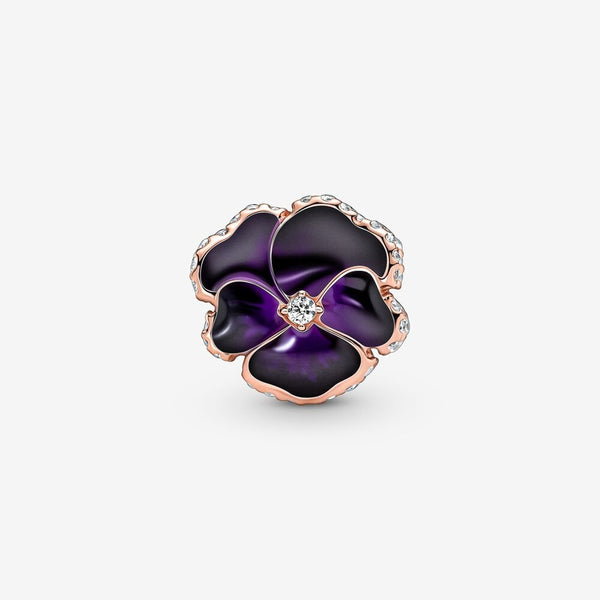 14k Rose Gold Plated - Deep Purple Pansy Flower Charm - Fits Pandora Charm Bracelets
