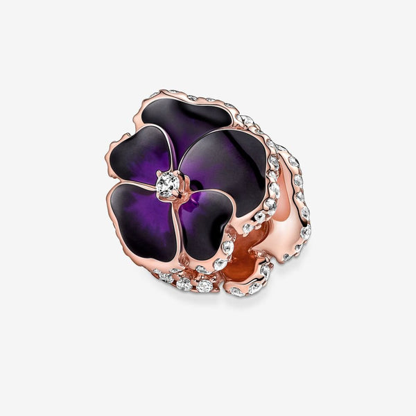 14k Rose Gold Plated - Deep Purple Pansy Flower Charm - Fits Pandora Charm Bracelets
