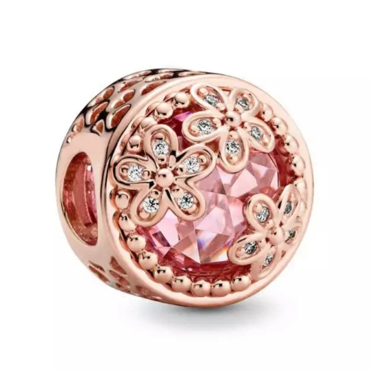 Sparkling Pink Daisy Flower Charm - 14k rose gold - Fits Pandora Charm Bracelets
